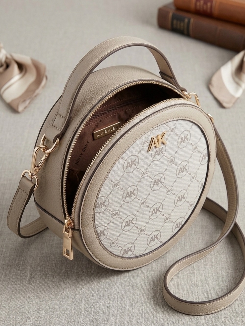 Anne Klein Triple Compartment Round Crossbody - Taupe & Cream